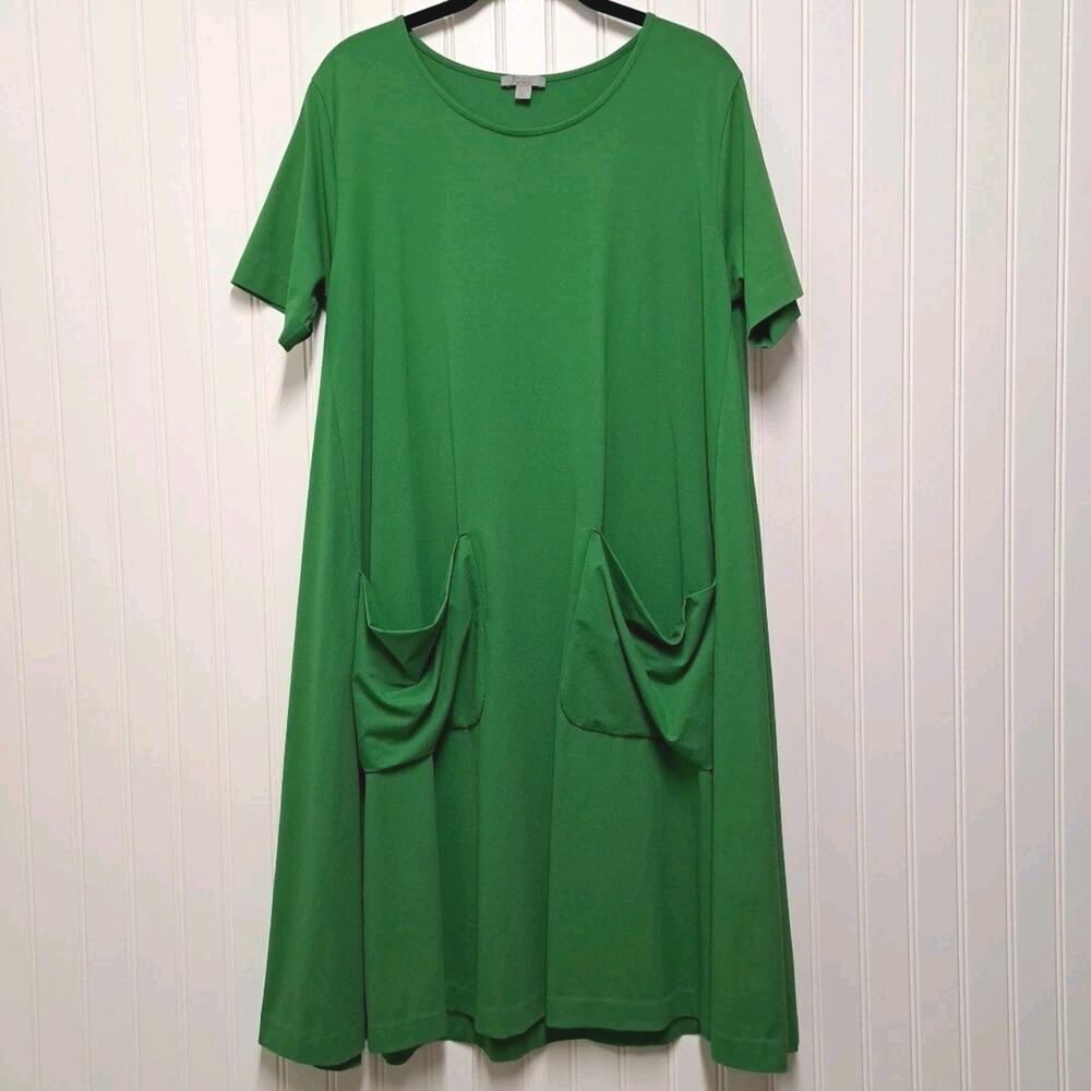 COS Short Sleeve Swing Dress Womens L Green Cotton Stretch Pockets Lagenlook